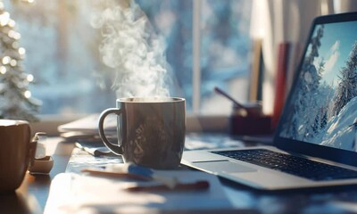 Wall Mural - a close-up of a cluttered desk, a steaming mug of coffee next to a laptop displaying a winter fashio