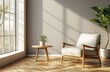 © Georgii - Modern minimalist interior with light gray walls and parquet floor featuring comfortable armchair and small coffee table