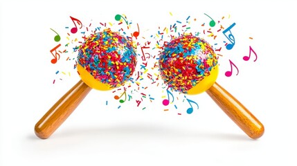 Featuring two maracas with an explosion of colorful musical notes and confetti, this image represents the upbeat, lively spirit and celebration of music.