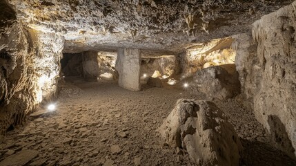 A dimly lit underground cavern with rough stone walls and a dirt floor, illuminated by spotlights.