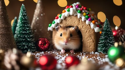 A cute hamster peeks out from a gingerbread house, surrounded by festive decorations and holiday lights.