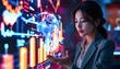 © Design_Stock - A businesswoman analyzing a glowing holographic globe surrounded by data charts, bar graphs, and vibrant futuristic visuals.