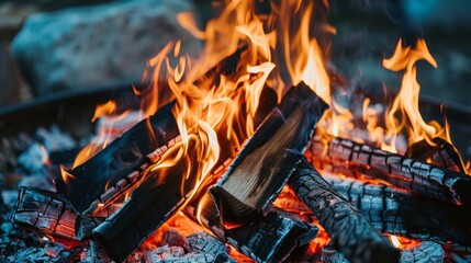 Aufkleber - Close-up of campfire burning with bright flames and wood crackling