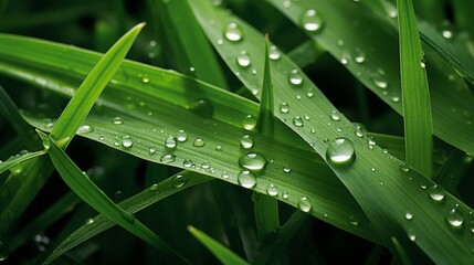 Aufkleber - Close-up of lush green grass blades with morning dew drops
