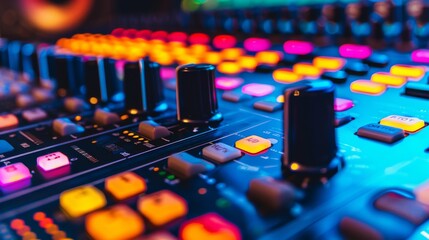 Close-up of mixing desk with colorful buttons and clean background