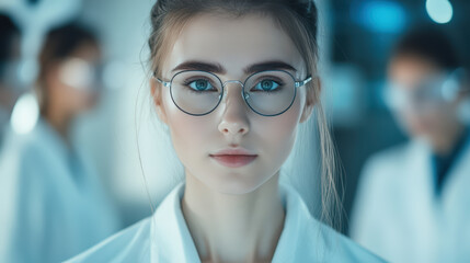 A woman wearing glasses is standing in front of a group of people