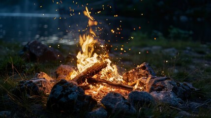 Aufkleber - Close-up shot of campfire flames illuminating surrounding area