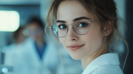 A woman wearing glasses is smiling at the camera