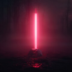 a glowing pink light sword in a foggy forest.