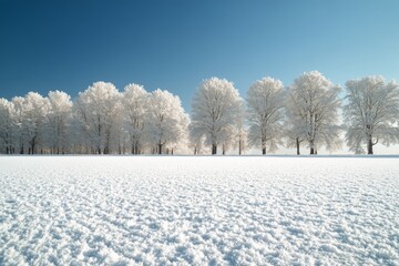 Wall Mural - Winter landscape with snow covered trees under a clear blue sky in a serene setting