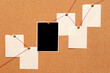© mitand73 - Blank paper notes and an empty photo are pinned to a cork board. The concept of detective investigation.