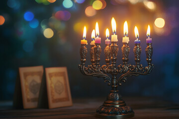 Wall Mural - A beautiful Hanukkah scene on the table with a lit menorah and candles, with blurred lights