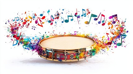 Wall Mural - A lively drum is encircled by a vibrant burst of colorful music notes, evoking the energy and rhythm of music in a dynamic, artistic expression.