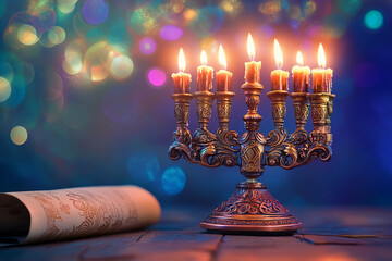 Wall Mural - A beautiful Hanukkah scene on the table with a lit menorah and candles, with blurred lights