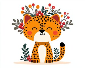 Christmas cheetah cub, with mistletoe, isolated on white, flat design illustration