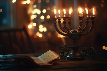 Wall Mural - A beautiful Hanukkah scene on the table with a lit menorah and candles, with blurred lights