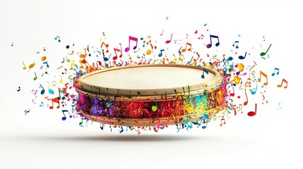 Wall Mural - A dynamic image of a single drum enveloped by a vivid explosion of colorful musical notes, symbolizing the energetic world of music and rhythm surrounding it.