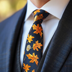 Elegant Thanksgiving tie with gold and orange leaf patterns, formal holiday look