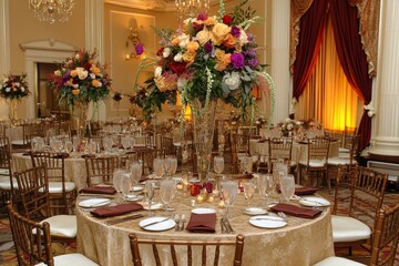 Elegant ballroom decorated with round tables and large floral centerpieces