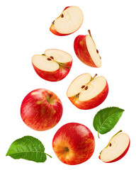 Wall Mural - apples isolated set. collection of red apples, apple slices and halves on transparent background.