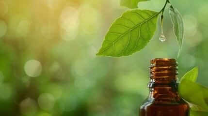 Aufkleber - Fresh leaves dripping essential oil into a luxurious cosmetic bottle