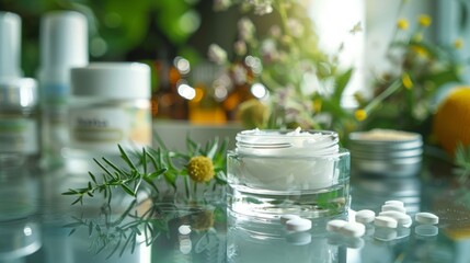 Glass container of skin care cream with natural spa treatment products and vitamins on a spotless surface