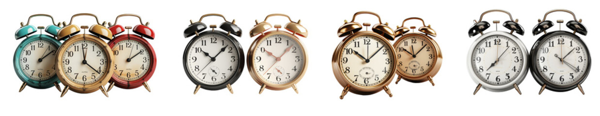 Collection of vintage and modern stylish alarm clocks Isolated on transparent background