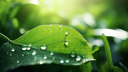 Aufkleber - Green leaf with water droplets, summer garden, morning light and shadows