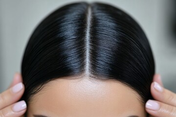 Woman's hands parting thinning hair, close-up, neutral color palette 