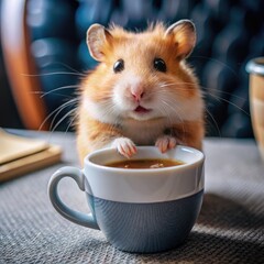 A curious hamster holding a coffee cup at a cozy indoor setting. Generative AI