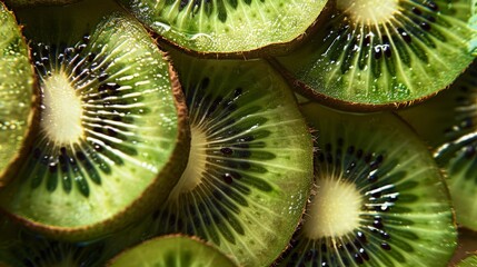 Poster - Kiwi fruit slices stacked together displaying the contrast between skin and flesh