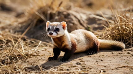 A black-footed ferret is seen resting comfortably on a sparse patch of dry grass ai