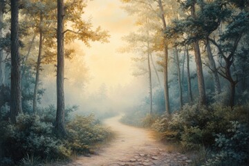 Poster - A Path Through a Misty Forest with Golden Sunlight