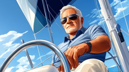 Wall Mural - Senior handsome Caucasian man sailing in sea on boat on a sunny day holds yacht wheel