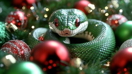 Wall Mural - Merry Christmas and Happy New year 2025 with cute snake in xmas hat. Banner with copy space. Animal holidays cozy home party photo.