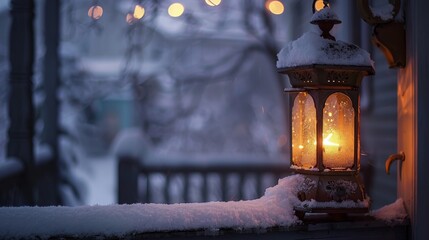 Poster - Old-fashioned lantern on snowy porch during winter evening