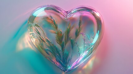 Wall Mural - Glass transparent Y2K retro futurism heart. Shape of a heart and plants, glare, light and sparkles. Glossy holographic chrome futuristic decoration element.