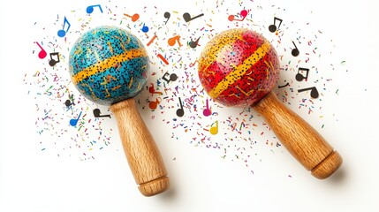 Wall Mural - Two maracas in blue and red hues are surrounded by colorful confetti and musical notes, representing the essence of lively music and rhythmic beats.