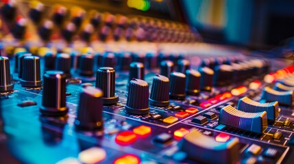 Poster - Professional mixing console with focused faders and controls with clean background