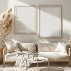 Minimalist living room interior with two blank frames above a white couch. a woven coffee table with candles. and a large dried pampas grass plant in a woven basket