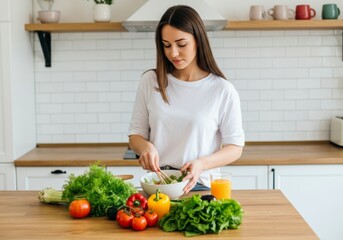 Woman preparing fresh salad with vegetables in modern kitchen setting.