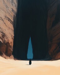 Canvas Print - A lone figure walks towards a dark cave entrance in a desert landscape.