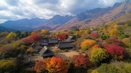 Poster - 秋の山村と茅葺き屋根