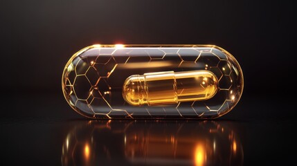 Sticker - a single golden capsule sits inside a larger, clear capsule with a hexagonal pattern, against a blac