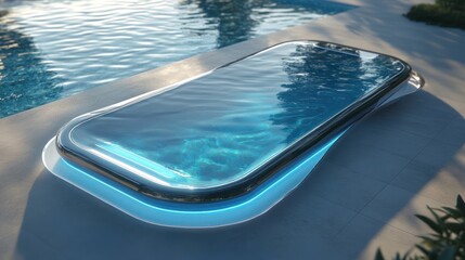 A futuristic pool shaped like a smartphone, with blue water and a blue light around the edge.