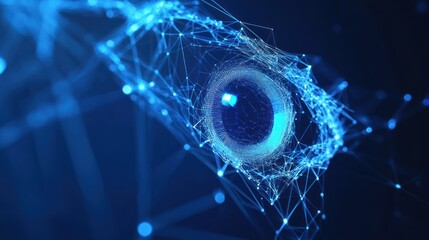 Wall Mural - abstract blue digital ring with glowing lines and dots on a dark background.