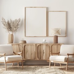 Two white armchairs with wooden frames are positioned in front of a wooden cabinet with two blank frames on the wall above A wicker basket. decorative vase. and lamp are on the cabinet The room is dec