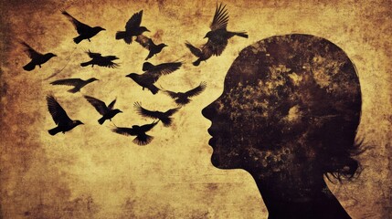 Wall Mural - a silhouette of a woman's head with birds flying out from it on a vintage background.
