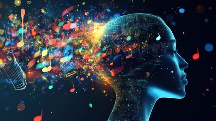 Sticker - a digital silhouette of a human head with musical notes bursting out of it.