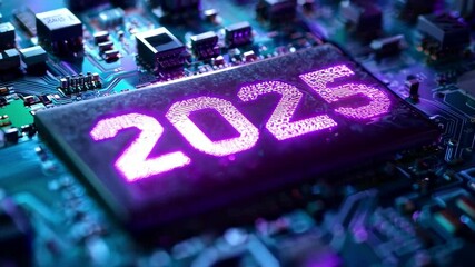 Christmas sale design A computer chip with the number 2025 on it. The image is of a computer chip with a blue background